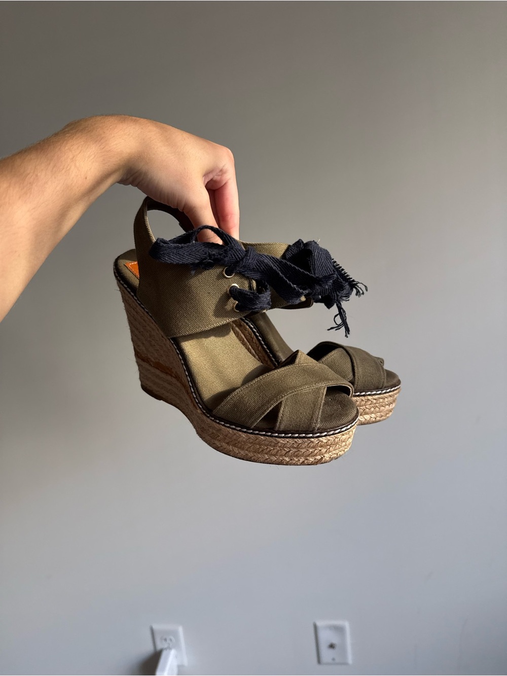 Tory Burch Olive Canvas Espadrille Wedges with Black Tie Laces
